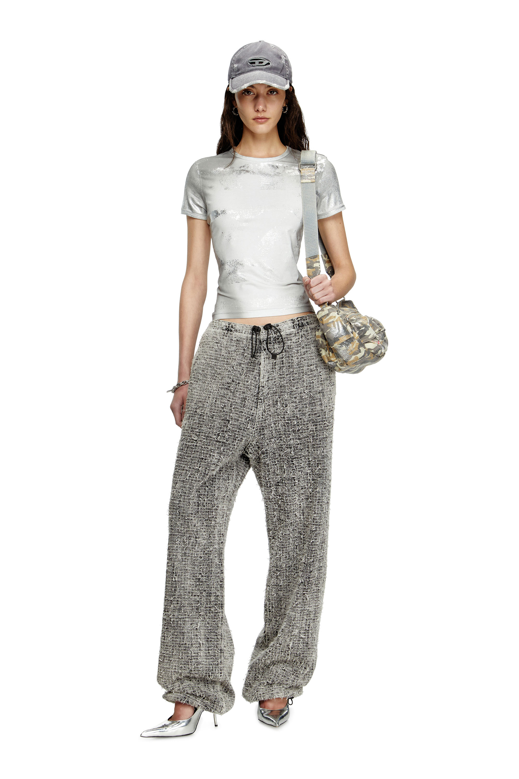 Diesel - T-UNCUTIE-LONG-Q5, Female's Logo T-shirt with metallic effects in Silver - 2
