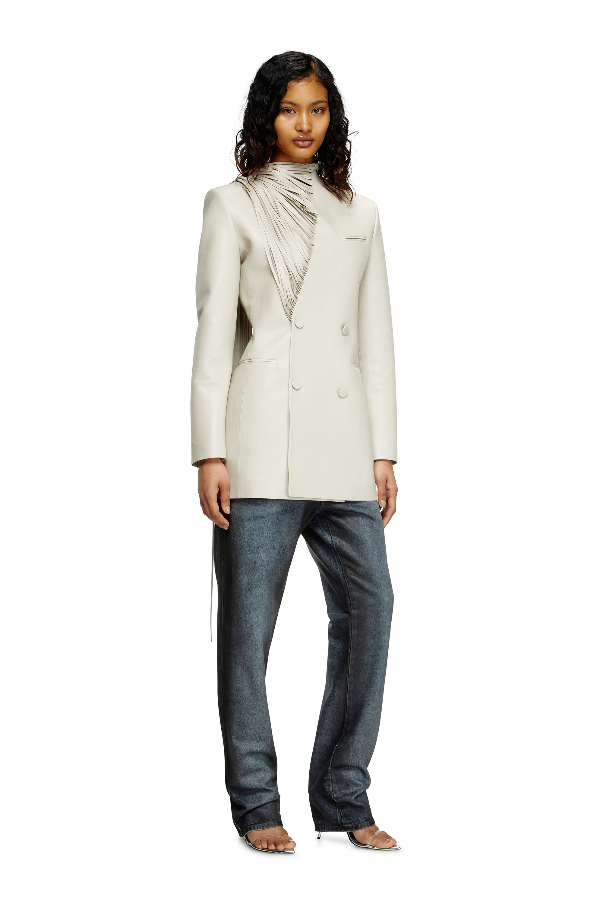 Diesel - G-SHANK, Manteau court avec des franges d'écharpe effilochées Femme in Gris - 1