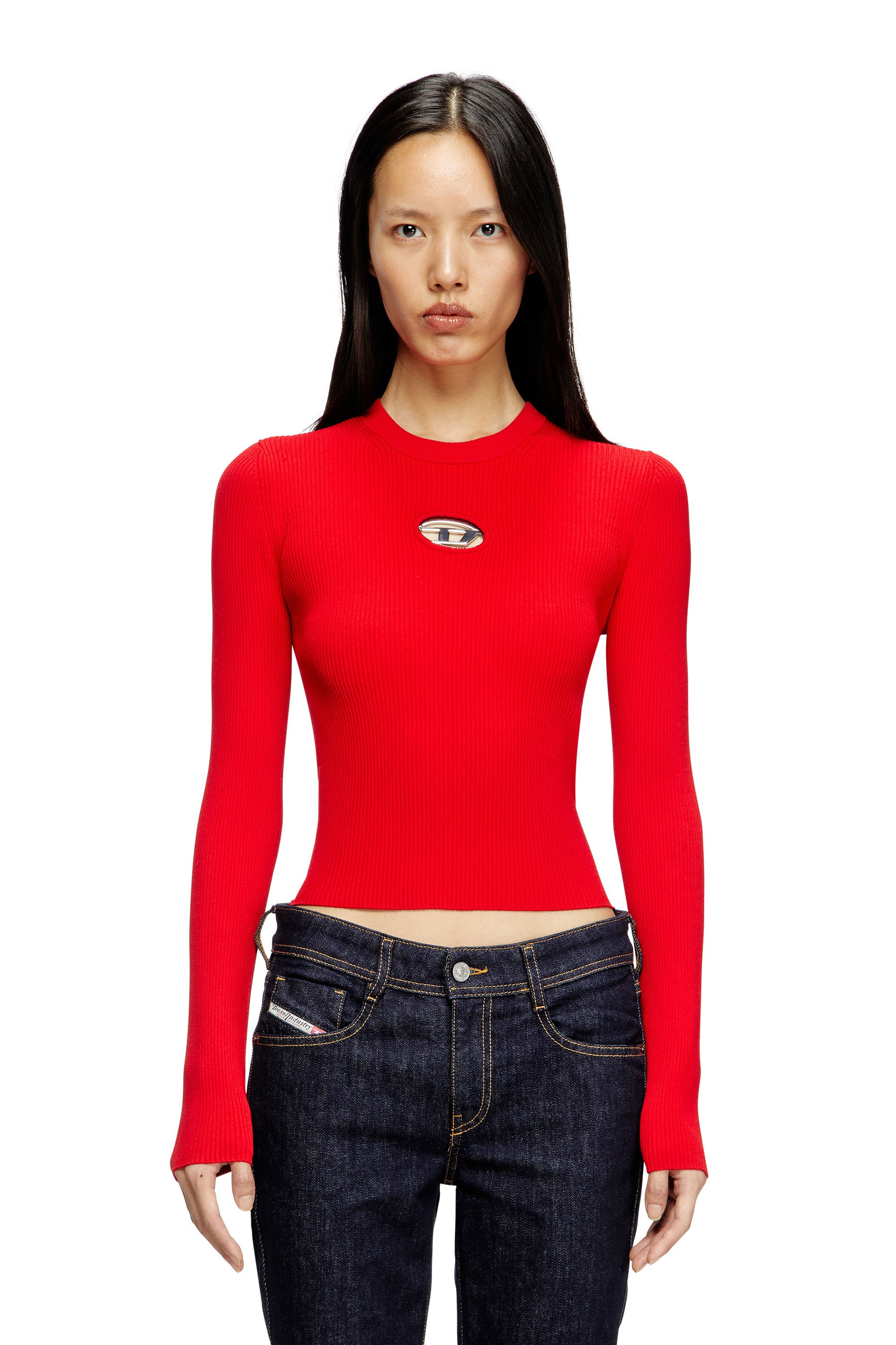 Diesel - M-VALARI, Female's Rib-knit viscose-blend top with Oval D in Red - 1