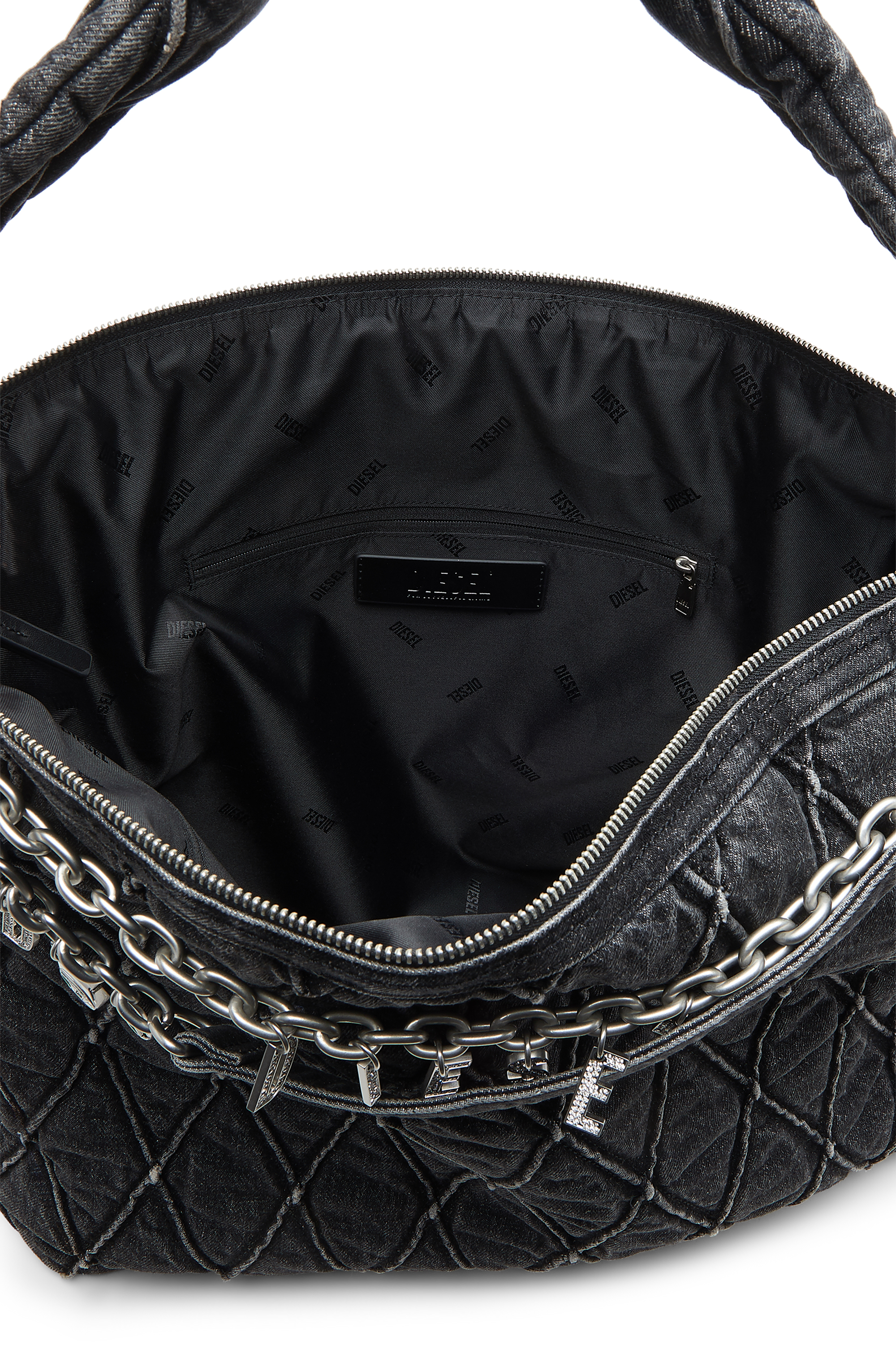 Diesel - HOSHI CHARM-D HOBO, Female's Quilted-denim hobo bag with chain charms in Black - 3