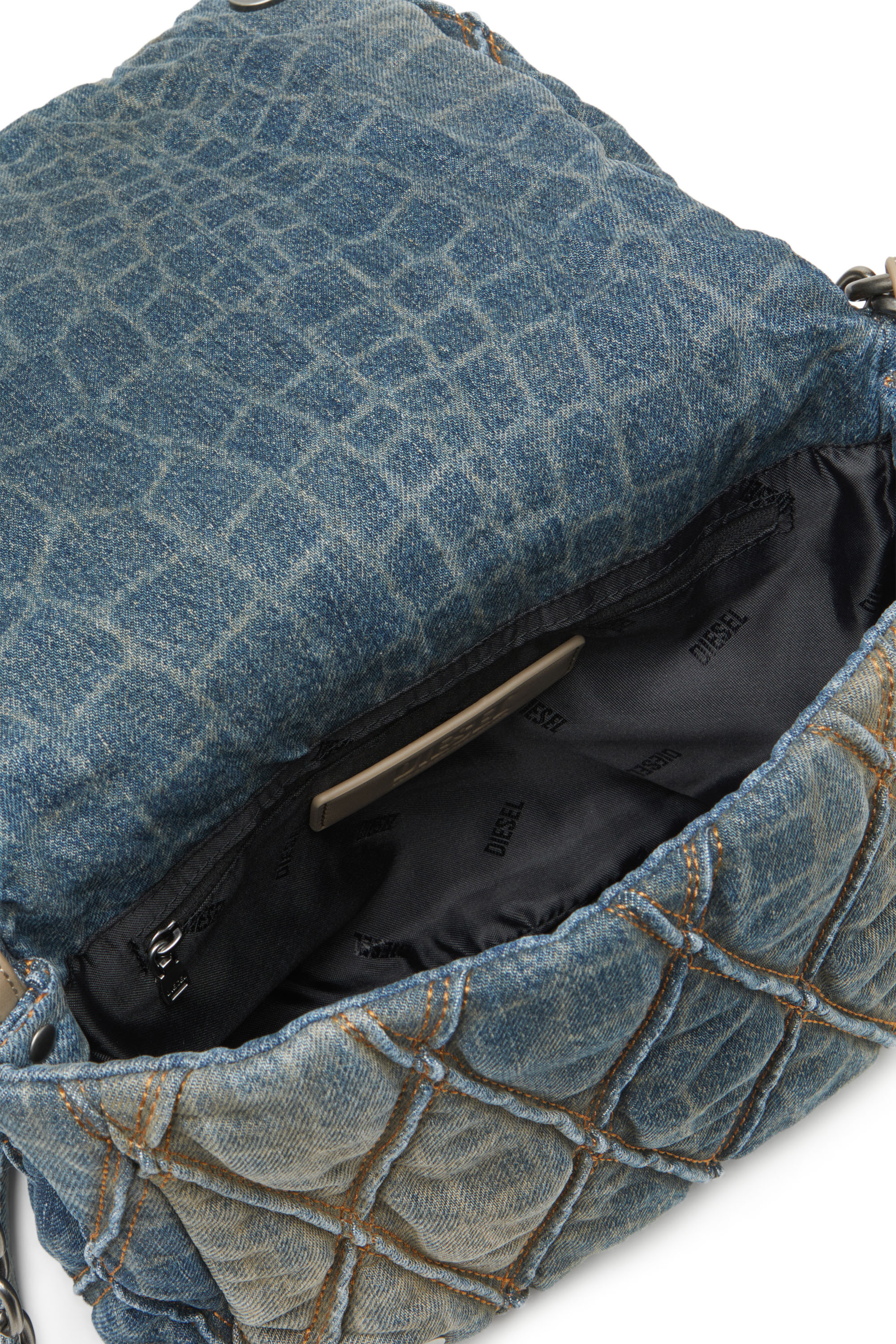 Diesel - CNY CHARM-D SHOULDER M, Female's Shoulder bag in snake-print quilted denim in Blue - 3