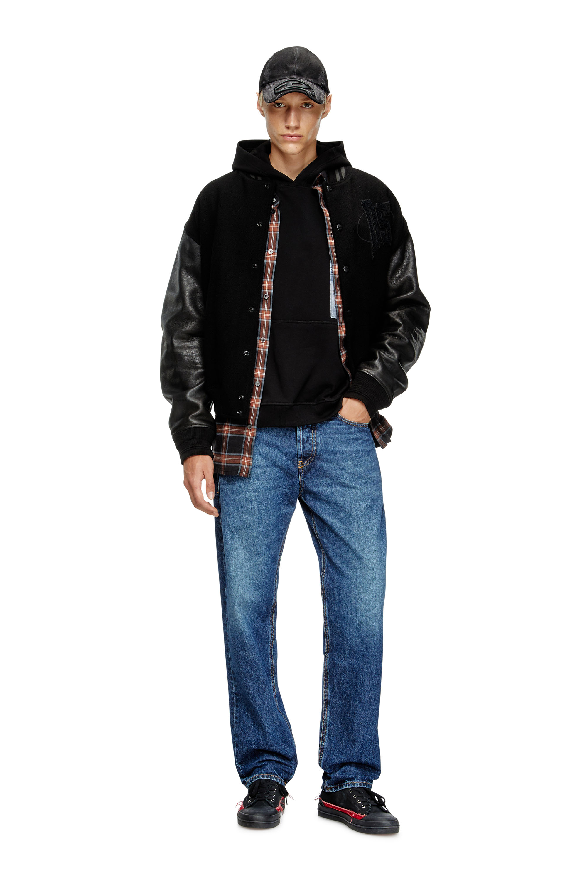 Diesel - L-NYMAN, Male's Varsity bomber jacket in cotton and leather in Black - 2