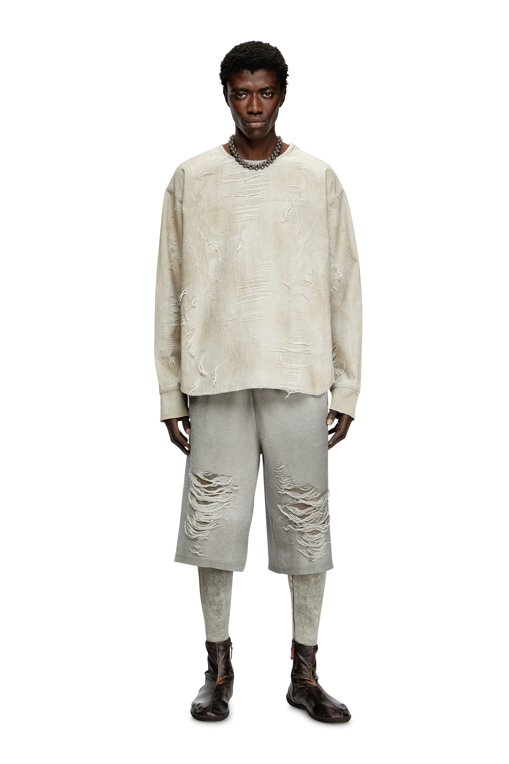 Diesel - D-JUST-FSG1, Male's Sweater in micro-distressed jacquard denim in Light Grey - 2
