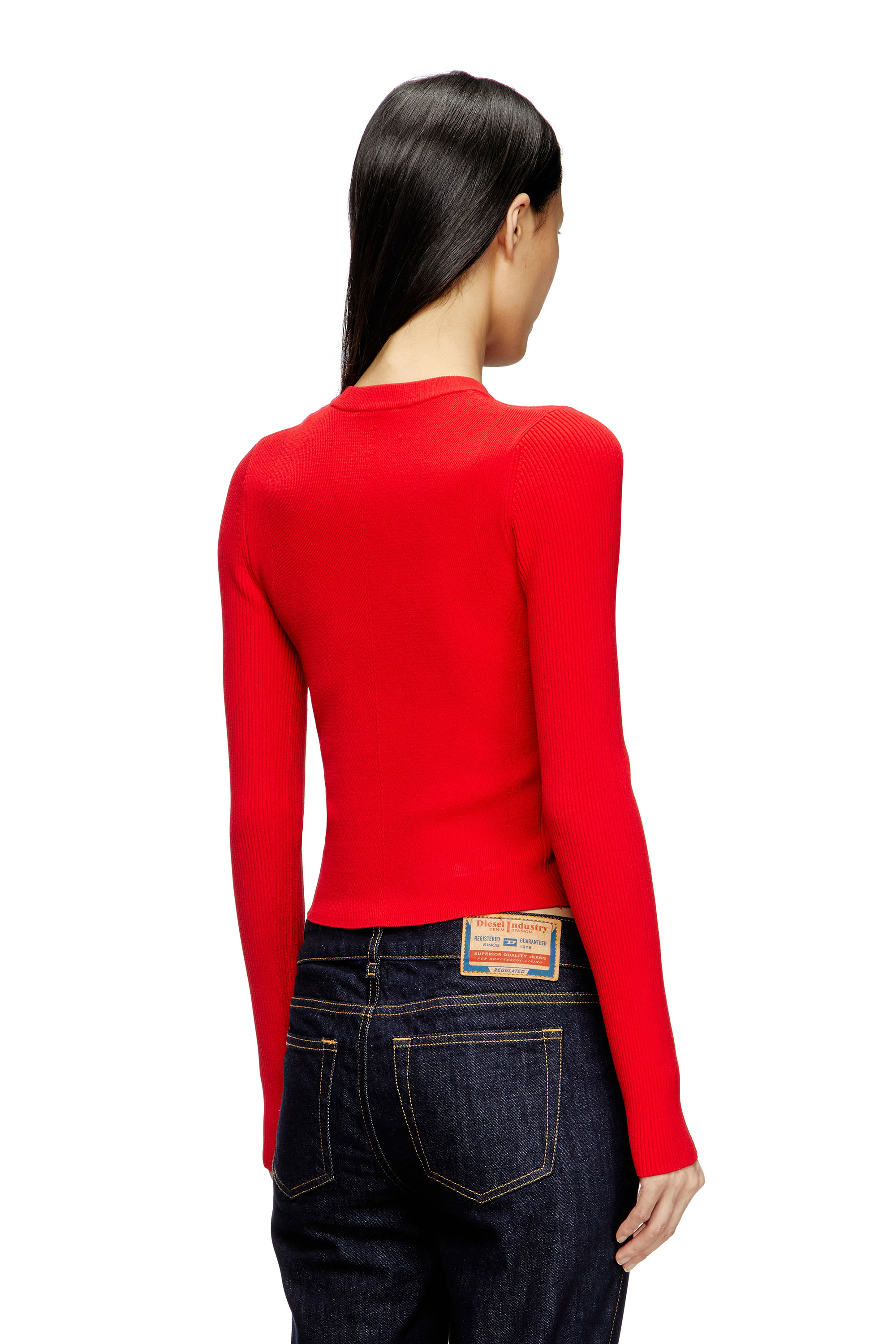 Diesel - M-VALARI, Female's Rib-knit viscose-blend top with Oval D in Red - 3