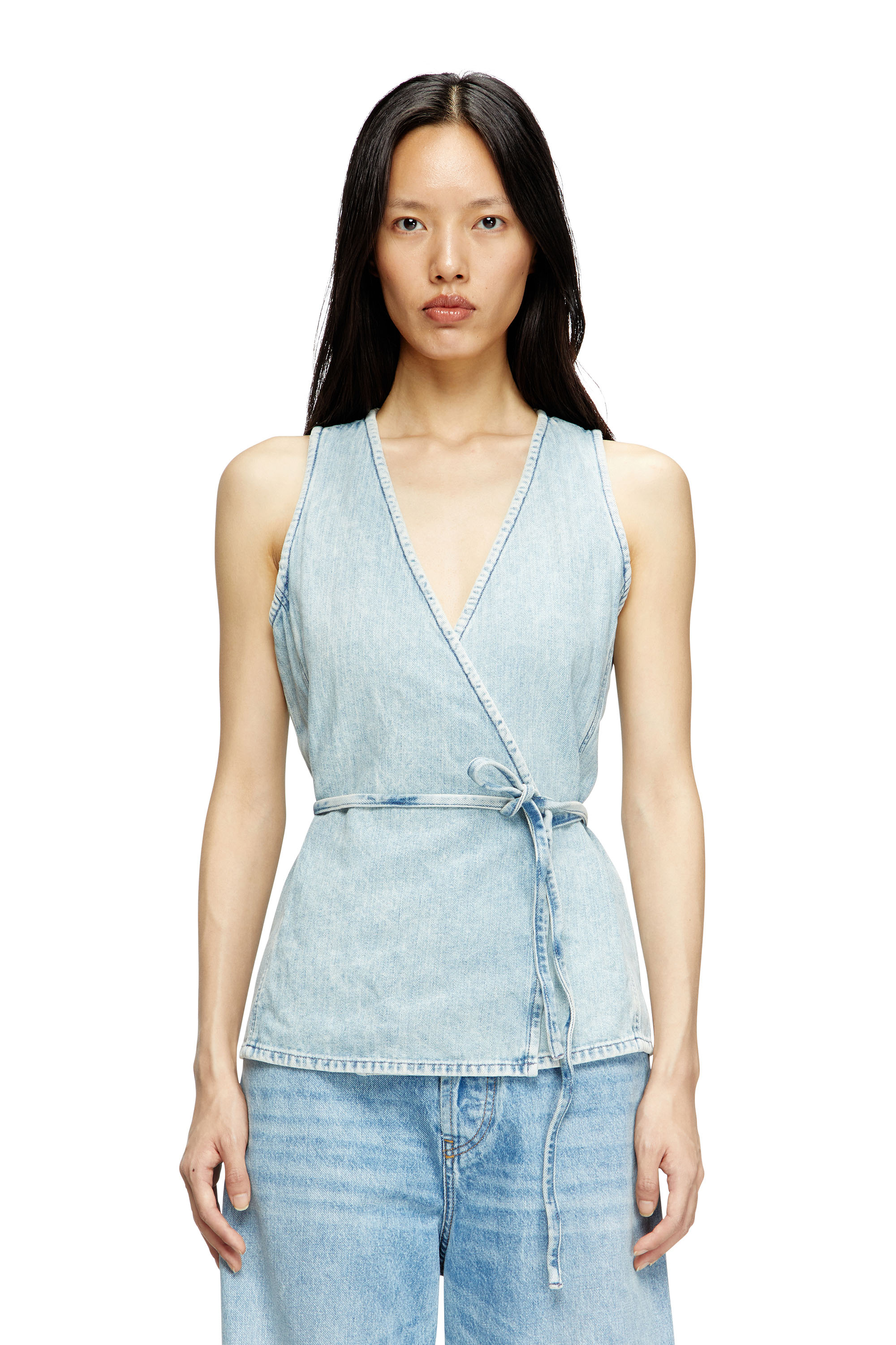 Diesel - DE-VERN, Female's Wrap top in herringbone denim in Light Blue - 1