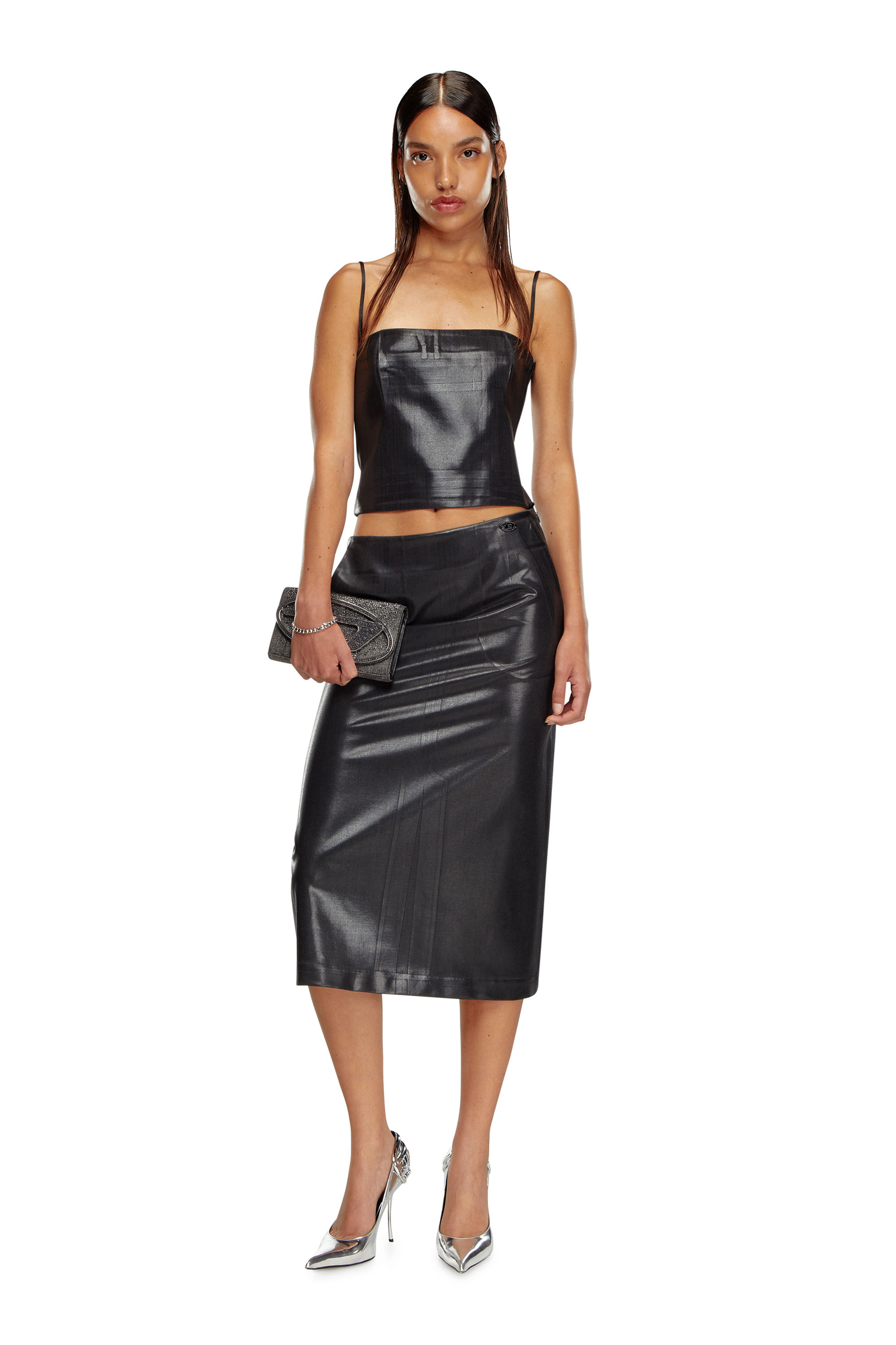 Diesel - T-REASURE, Female's Pinstripe cami with coated front in Black/Grey - 2