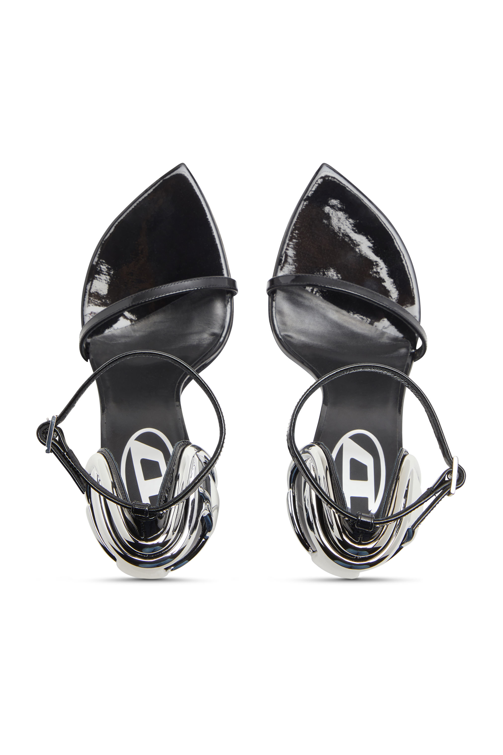 Diesel - D-TEN&HALF SANDAL, D-Ten&Half-Sandale à talon aiguille en cuir verni et satin Femme in Noir - 4