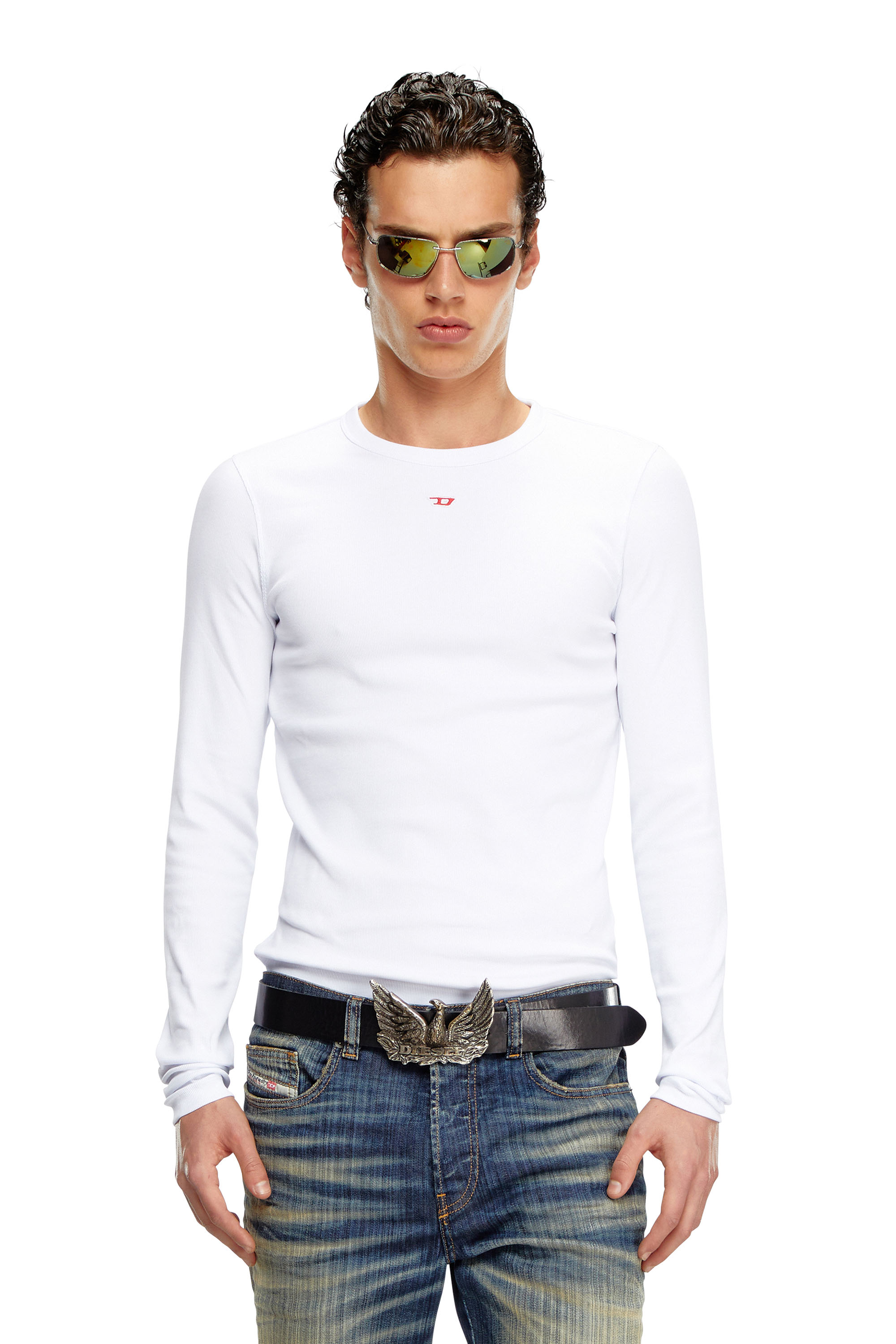 Diesel - D-RIBBER-LS-N, Male's Long-sleeve T-shirt with D patch in White - 1