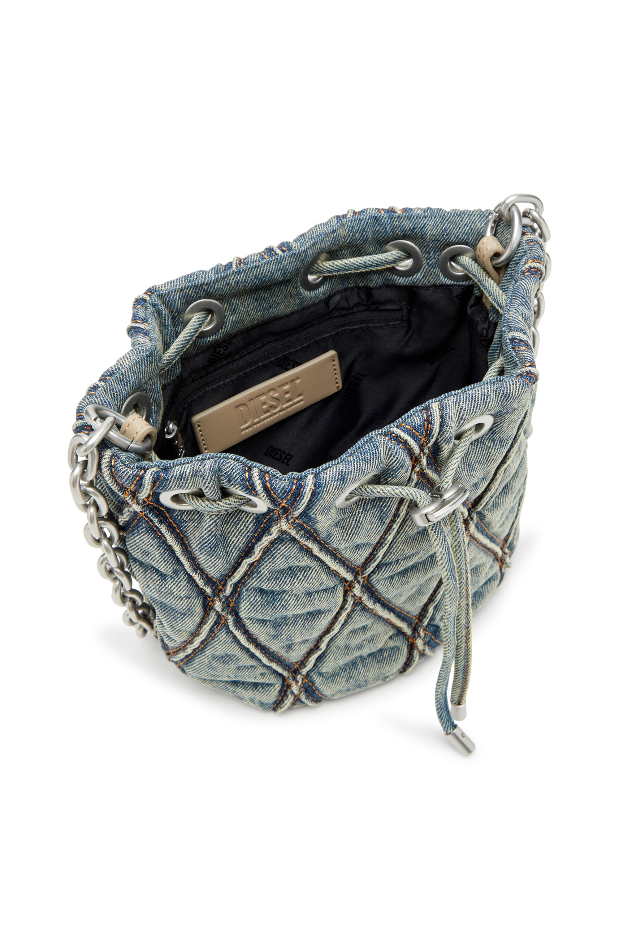 Diesel - CHARM-D BUCKET S, Female's Charm-D S-Mini bucket bag in argyle quilted denim in Blue - 4