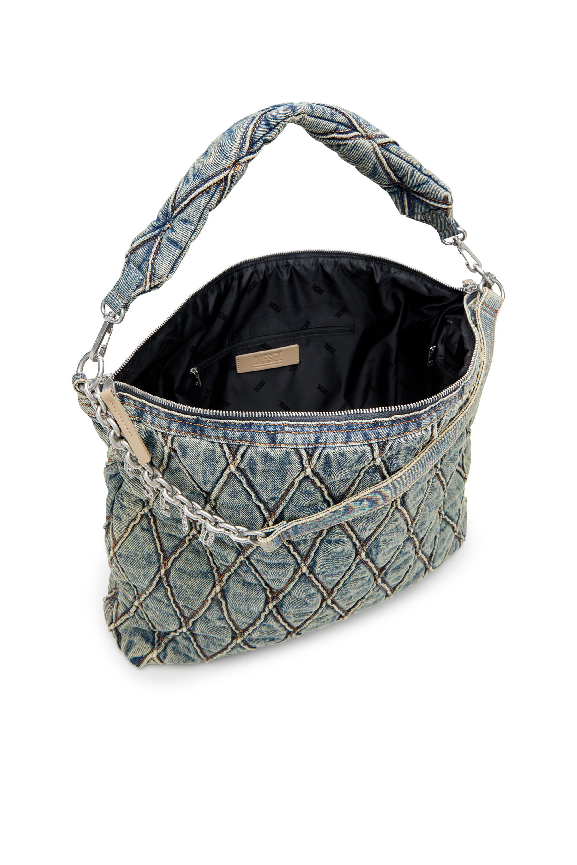 Diesel - CHARM-D HOBO, Female's Charm-D-Large hobo in argyle quilted denim in Blue - 4