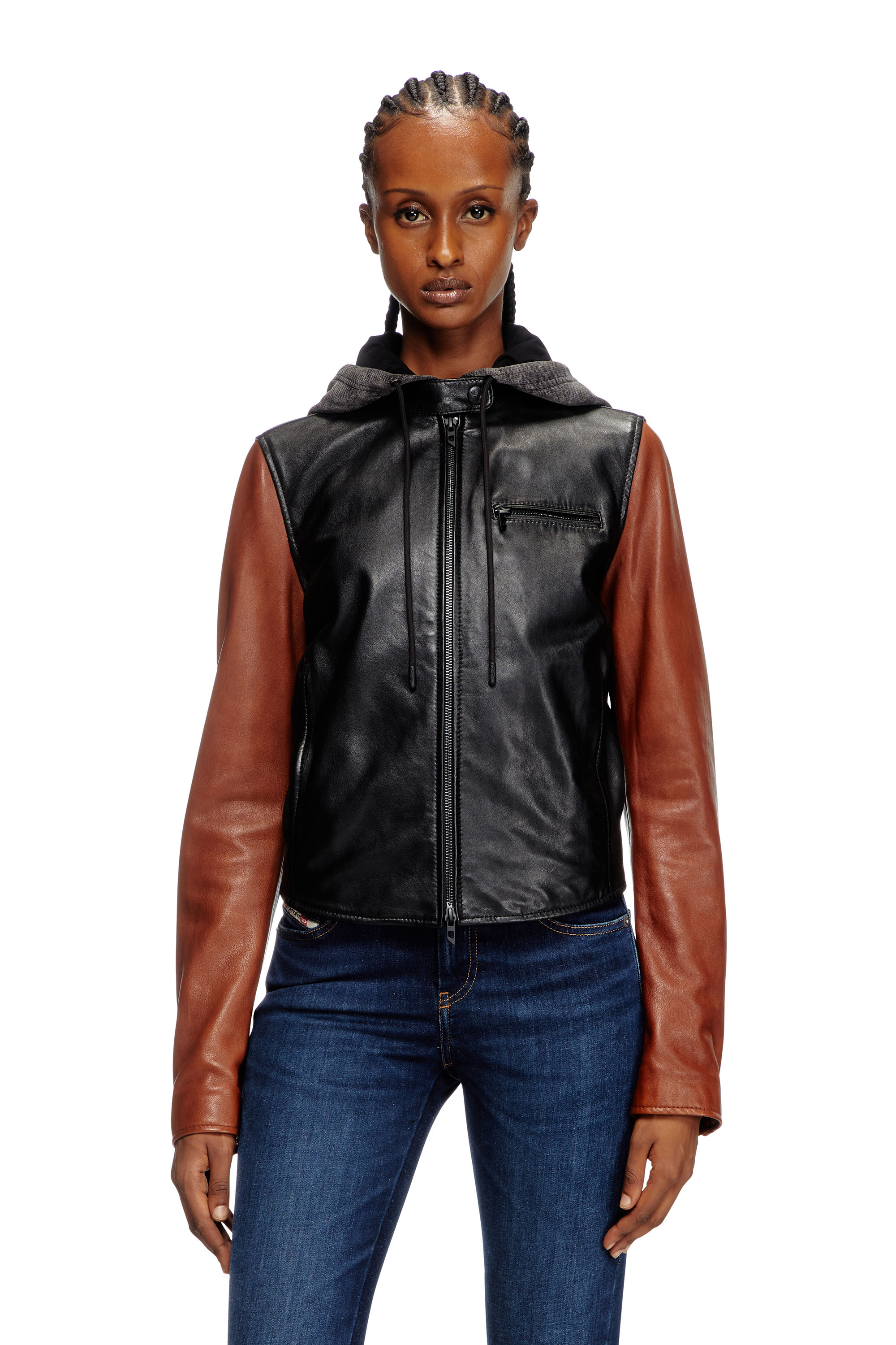Diesel - L-OUDER, Female's Colour-block leather jacket in Black/Brown - 1