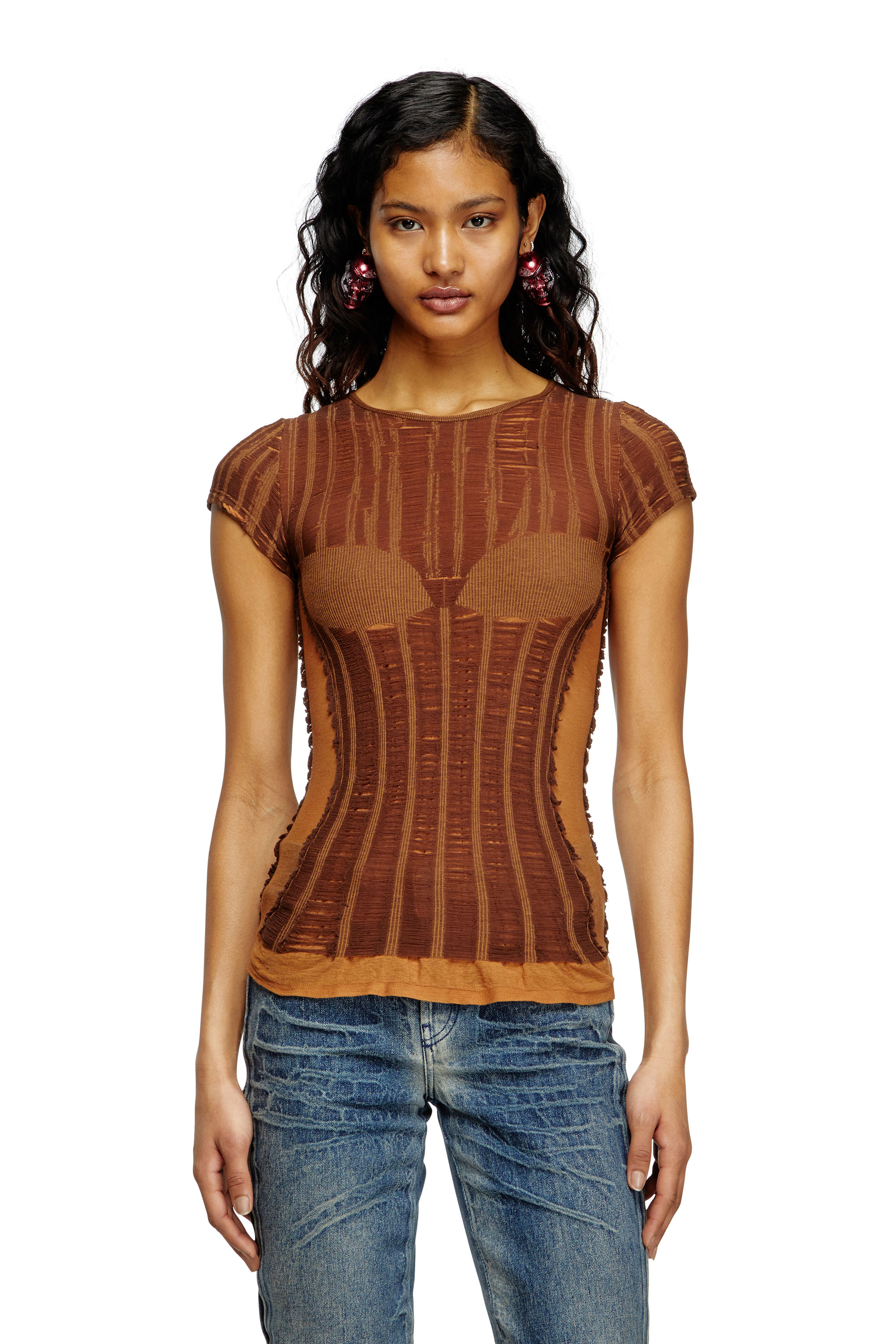 Diesel - M-CALAI-SS, Female's Seamless T-shirt with lingerie illusion in Brown - 1