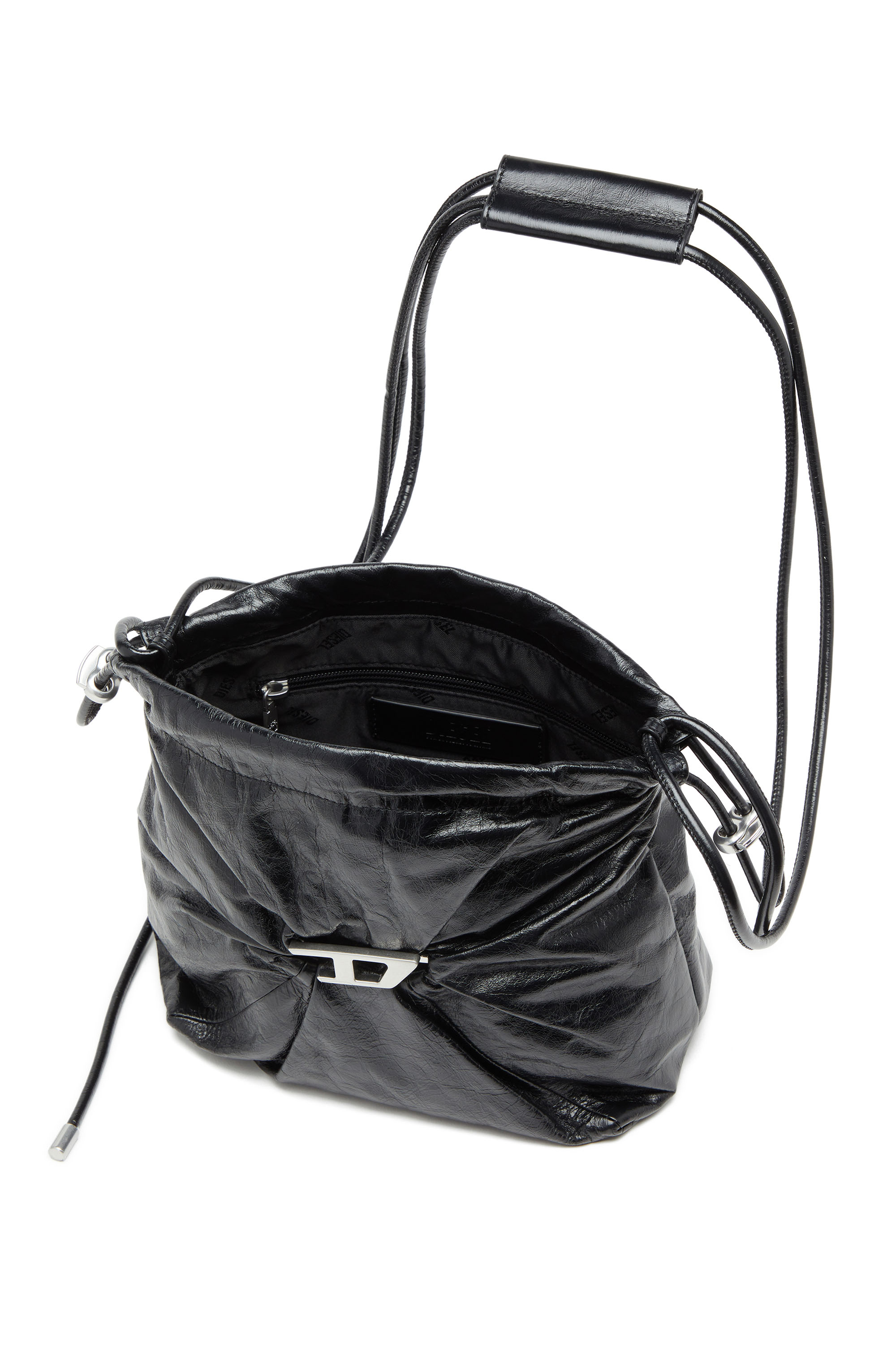 Diesel - SCRUNCH-D BUCKET, Female's Scrunch-D-Bucket bag in shiny wrinkled leather in Black - 4