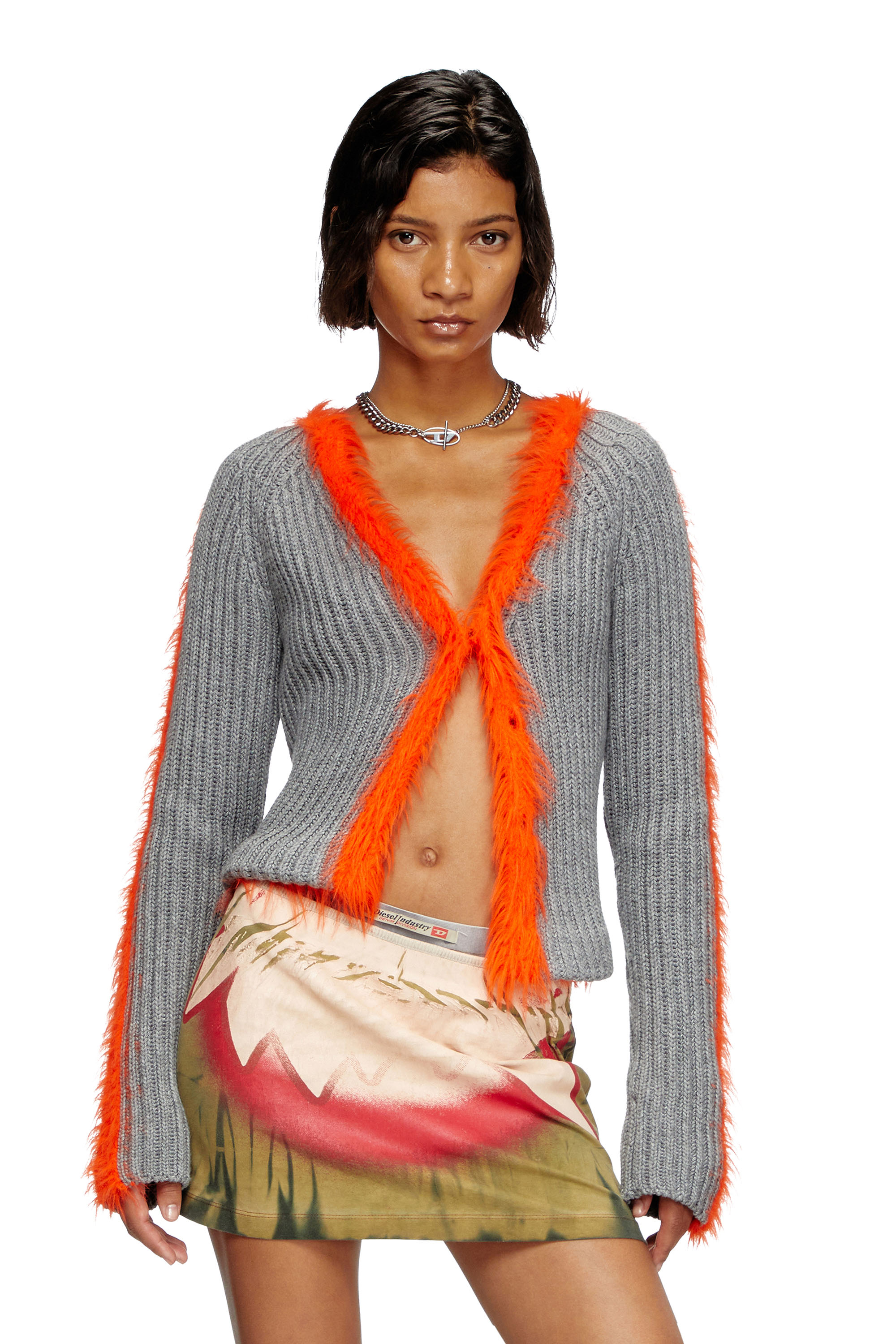 Diesel - M-TANITA, Female's Ribbed cardigan with fuzzy trims in Grey/Orange - 1