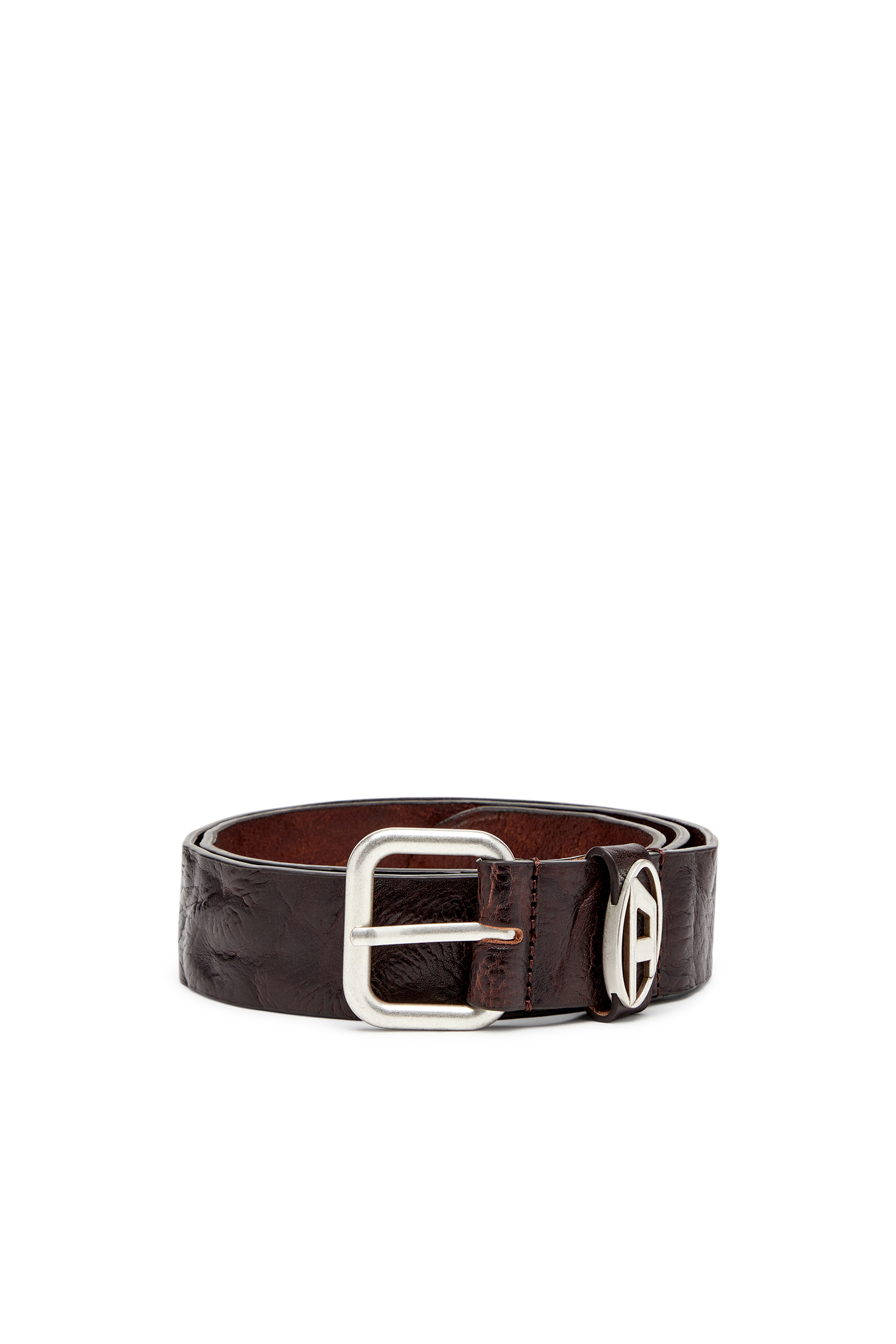Diesel - B-1DR OVAL D LOOP, Ceinture 3.9 cm en cuir froissé avec plaque à logo Mixte in Marron - 1