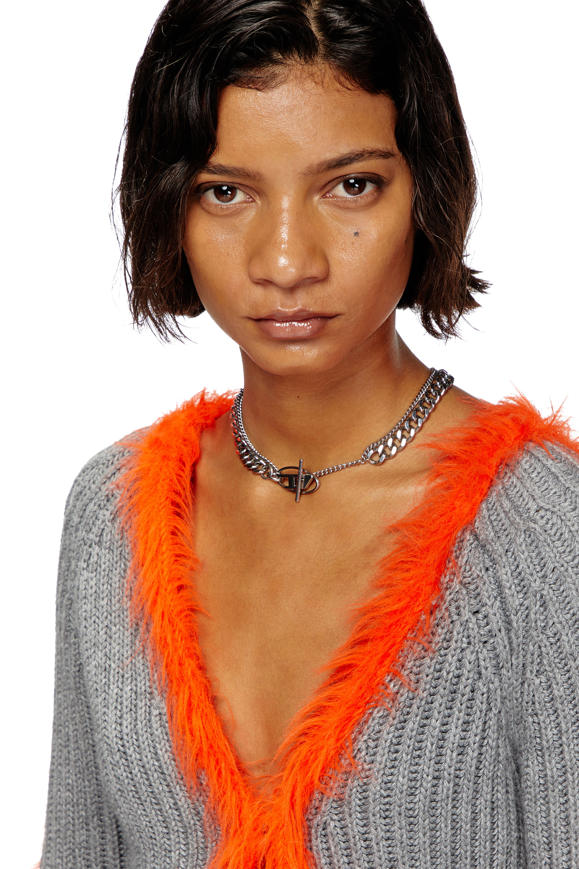 Diesel - M-TANITA, Female's Ribbed cardigan with fuzzy trims in Grey/Orange - 4