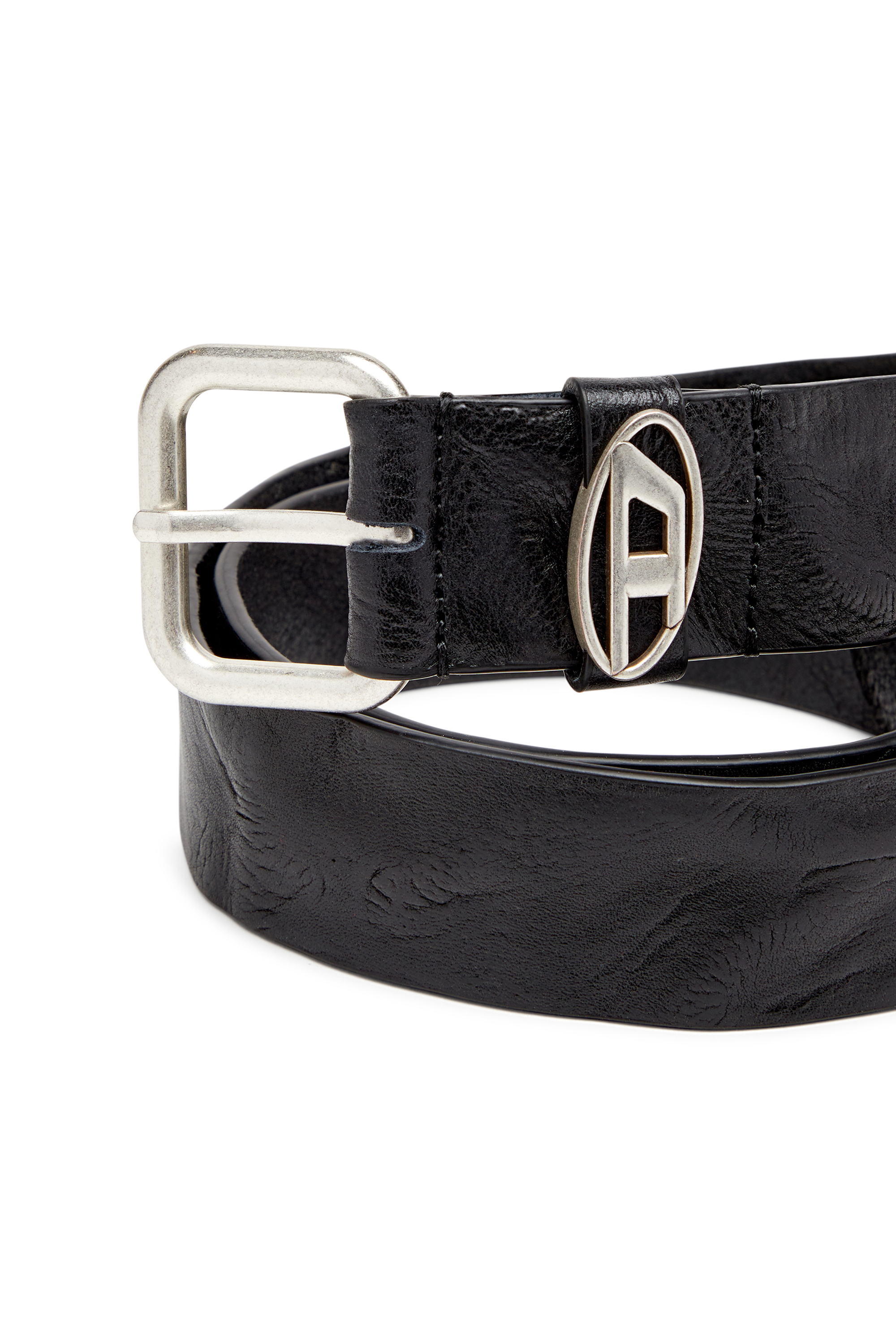 Diesel - B-1DR OVAL D LOOP, Ceinture 3.9 cm en cuir froissé avec plaque à logo Mixte in Noir - 3