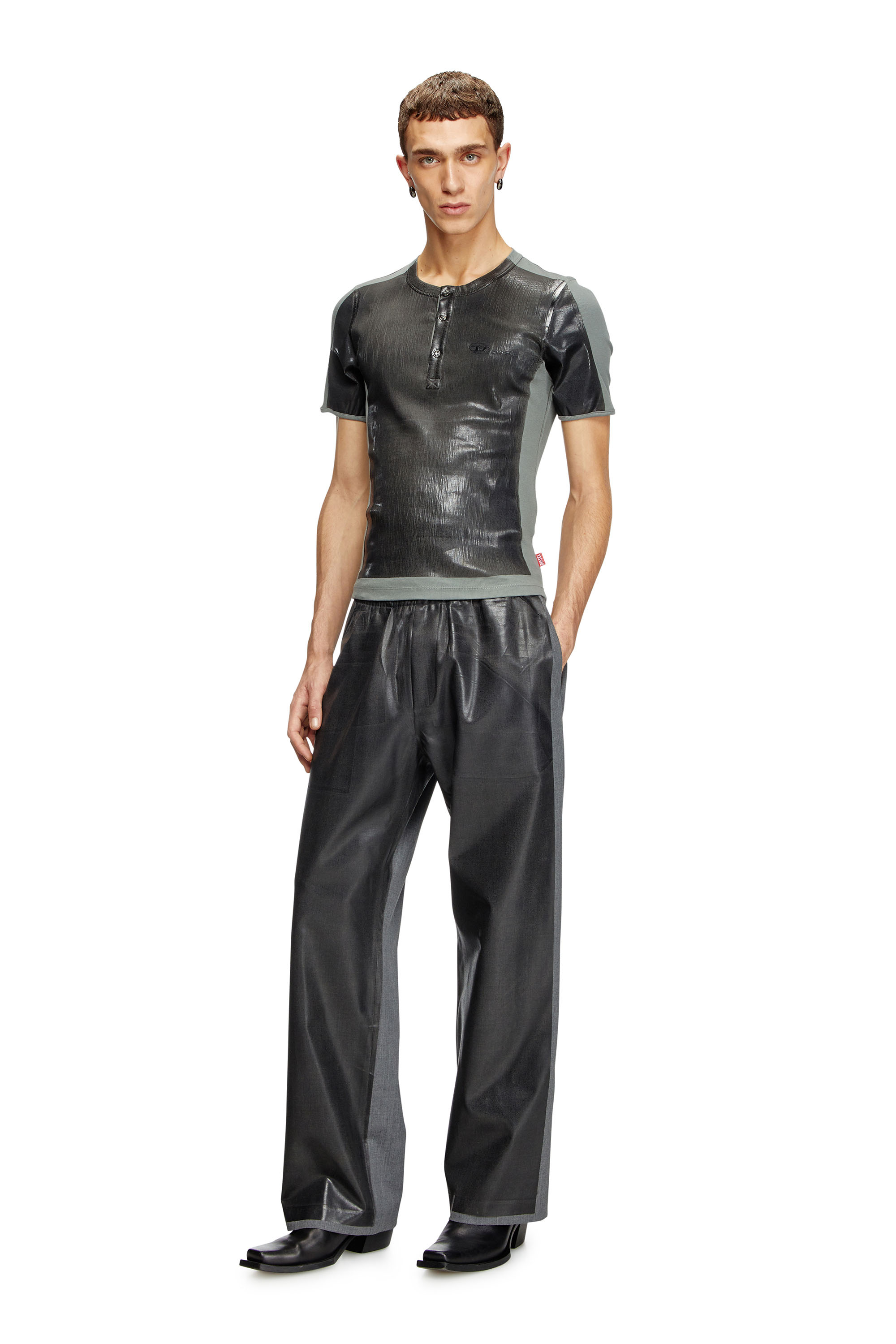 Diesel - T-RIBBER-DD, Unisex's Henley T-shirt with coated front in Dark Grey - 2