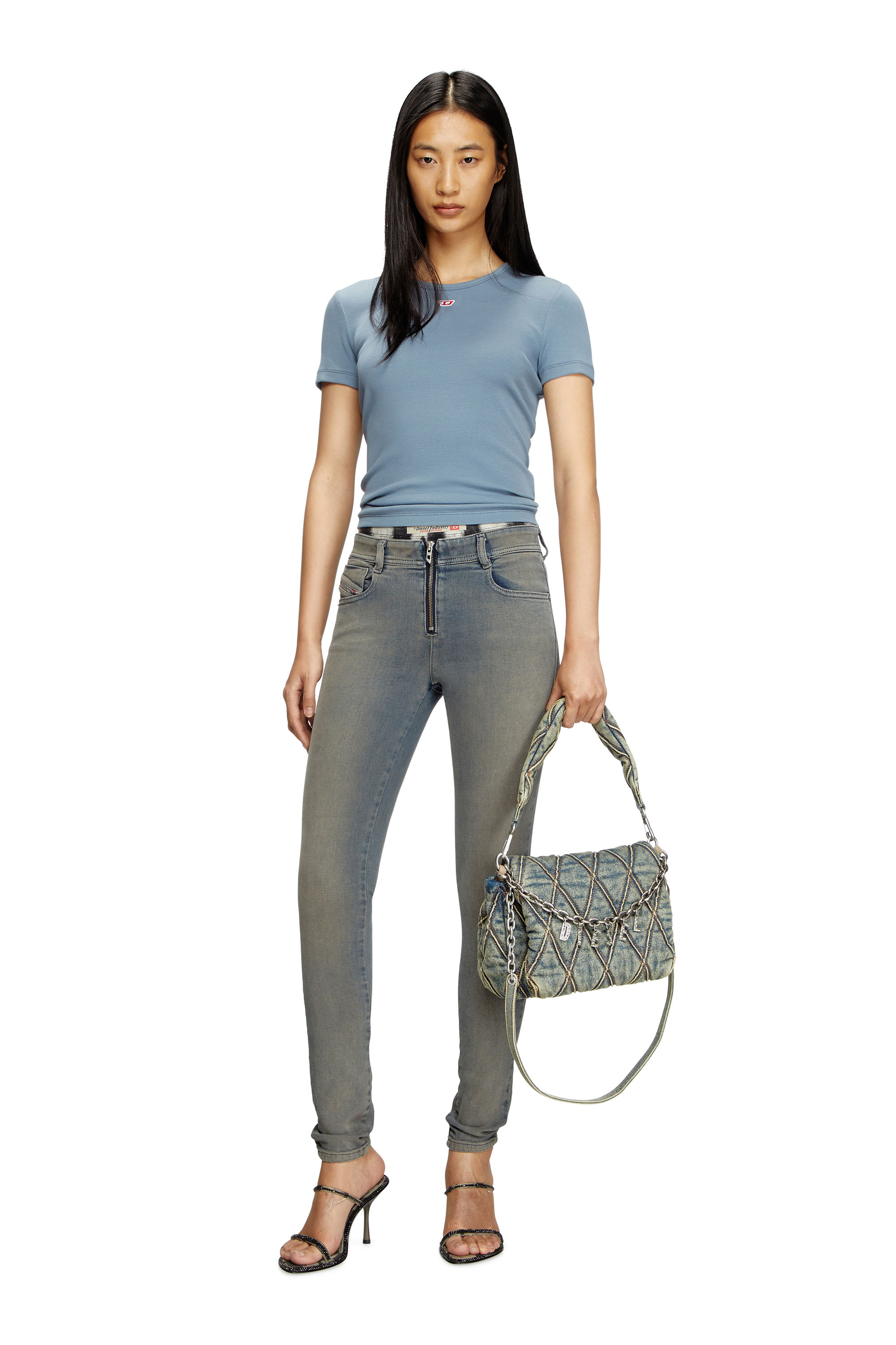 Diesel - T-ELE-LONG-D, Female's T-shirt with D logo patch in Light Blue - 2