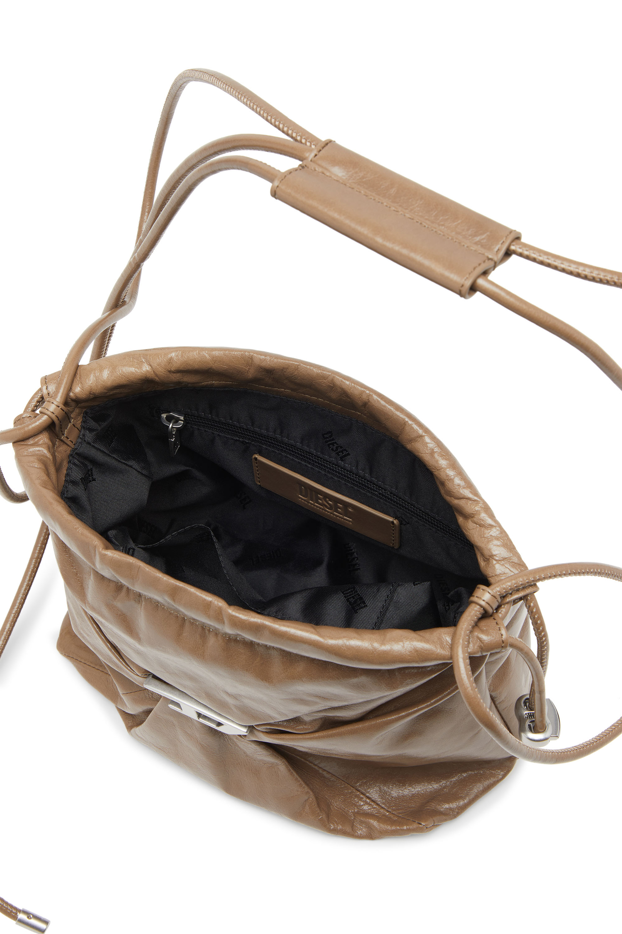 Diesel - SCRUNCH-D BUCKET, Female's Scrunch-D-Bucket bag in shiny wrinkled leather in Light Brown - 3