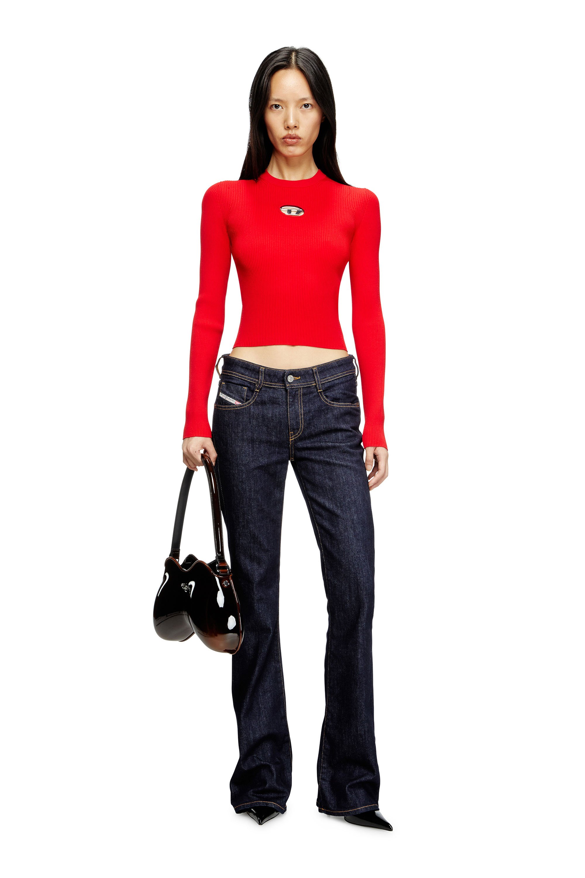 Diesel - M-VALARI, Female's Rib-knit viscose-blend top with Oval D in Red - 2