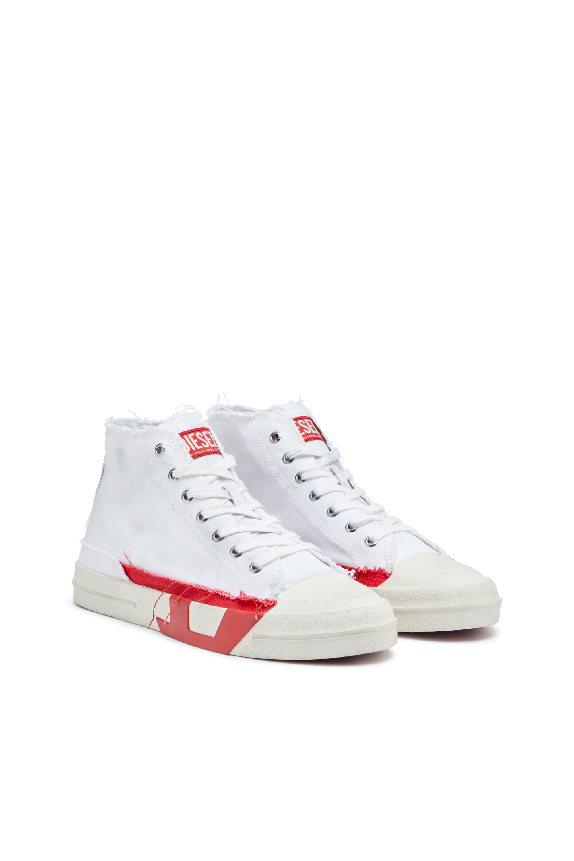 Diesel - S-D-VERSE MID, Male's S-D-Verse-Dirty-effect high-top canvas sneakers in White/Red - 2